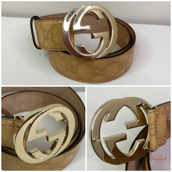 Authentic GUCCI Beige Guccissima Leather Interlocking G Gold Buckle Belt 80/32 - Picture 5 of 13